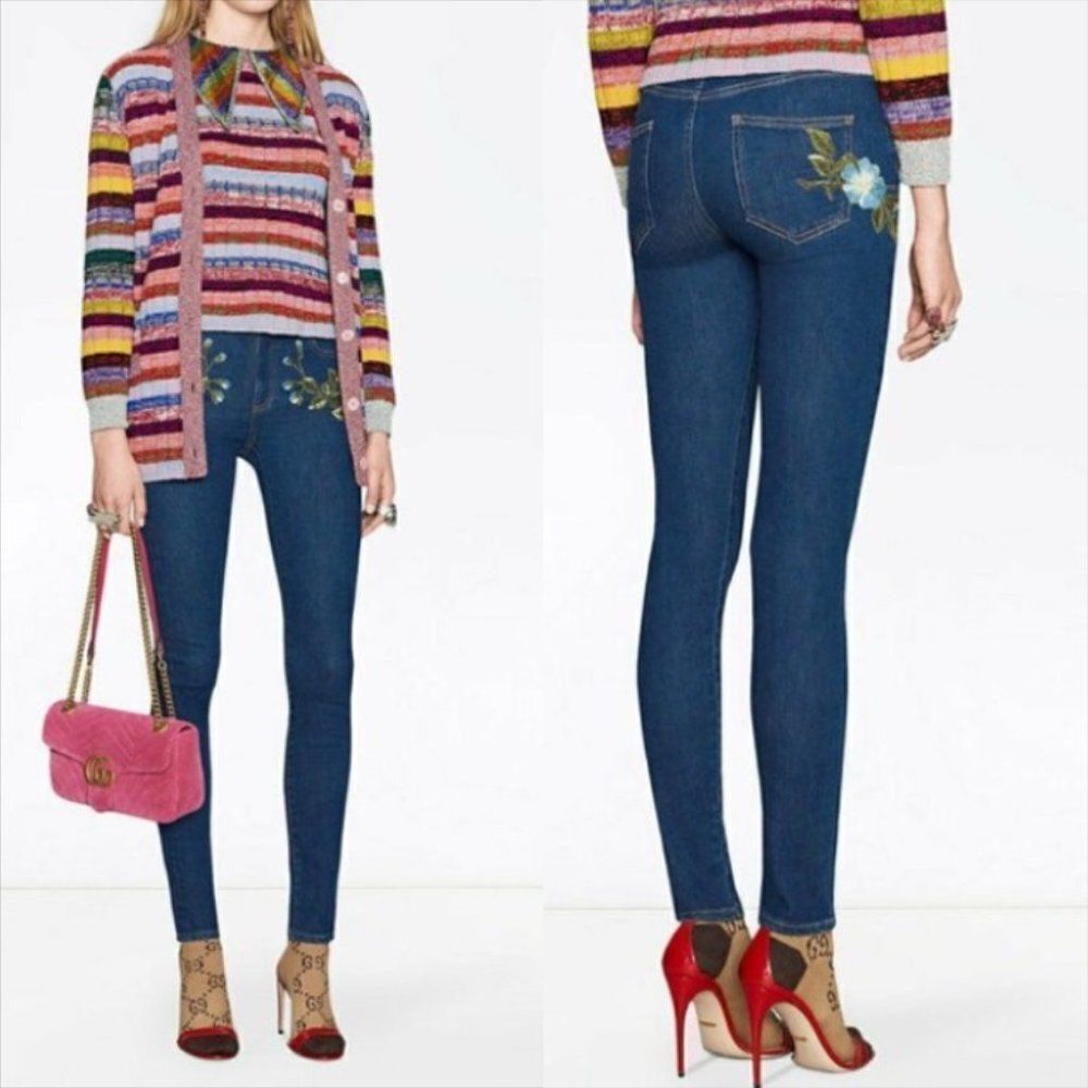 Gucci Floral Bloom Embroidered Stretch Denim Jeans in Blue I-0222a16